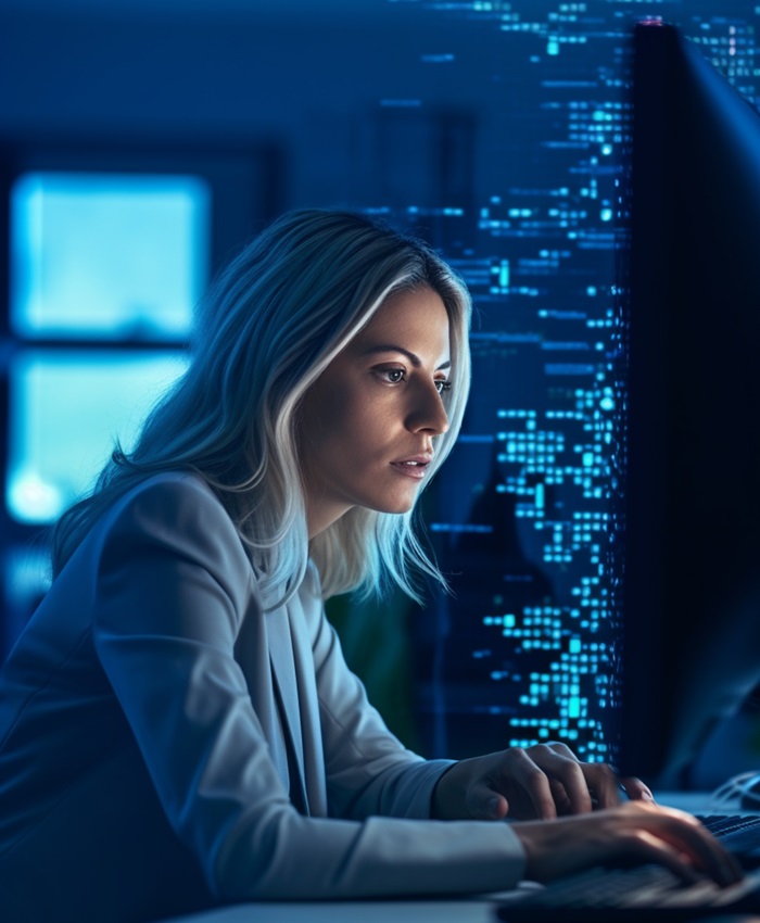 Captivating portrait of a mature and dedicated female scientist deeply immersed in data analysis and research tasks on a computer in a cutting-edge laboratory AI generated